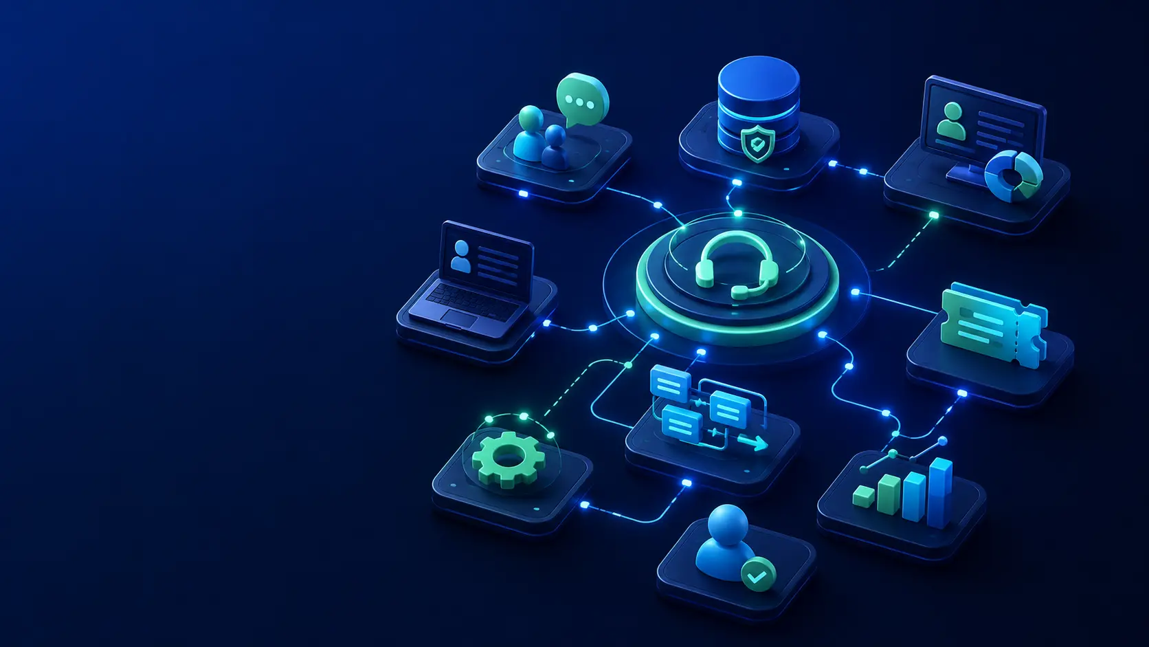 Original illustration of a connected Freshworks business ecosystem