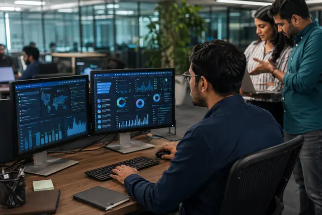 Photorealistic business concept for Integrations & reporting: service data connected to useful measures.