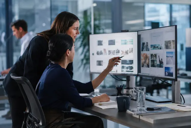 Photorealistic business concept for Content operations: create, review & distribute approved assets.