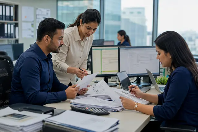 Photorealistic business concept for Zoho Books: billing, reconciliation & finance.
