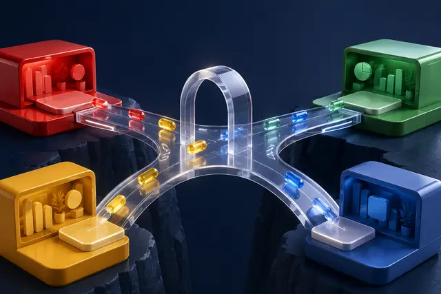 Photorealistic business concept for Zoho Integrations: connect apps through controlled handoffs.