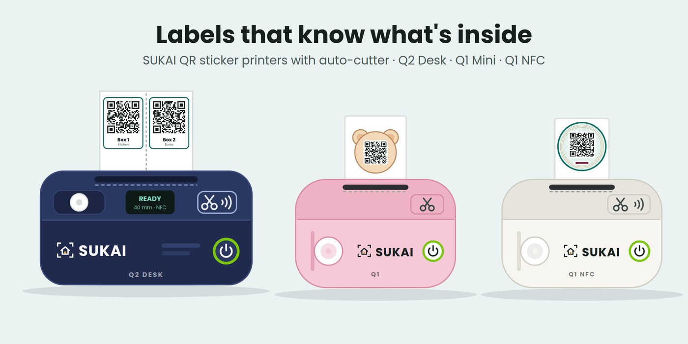 SUKAI Q2 Desk, Q1 Mini and Q1 NFC printers printing QR stickers