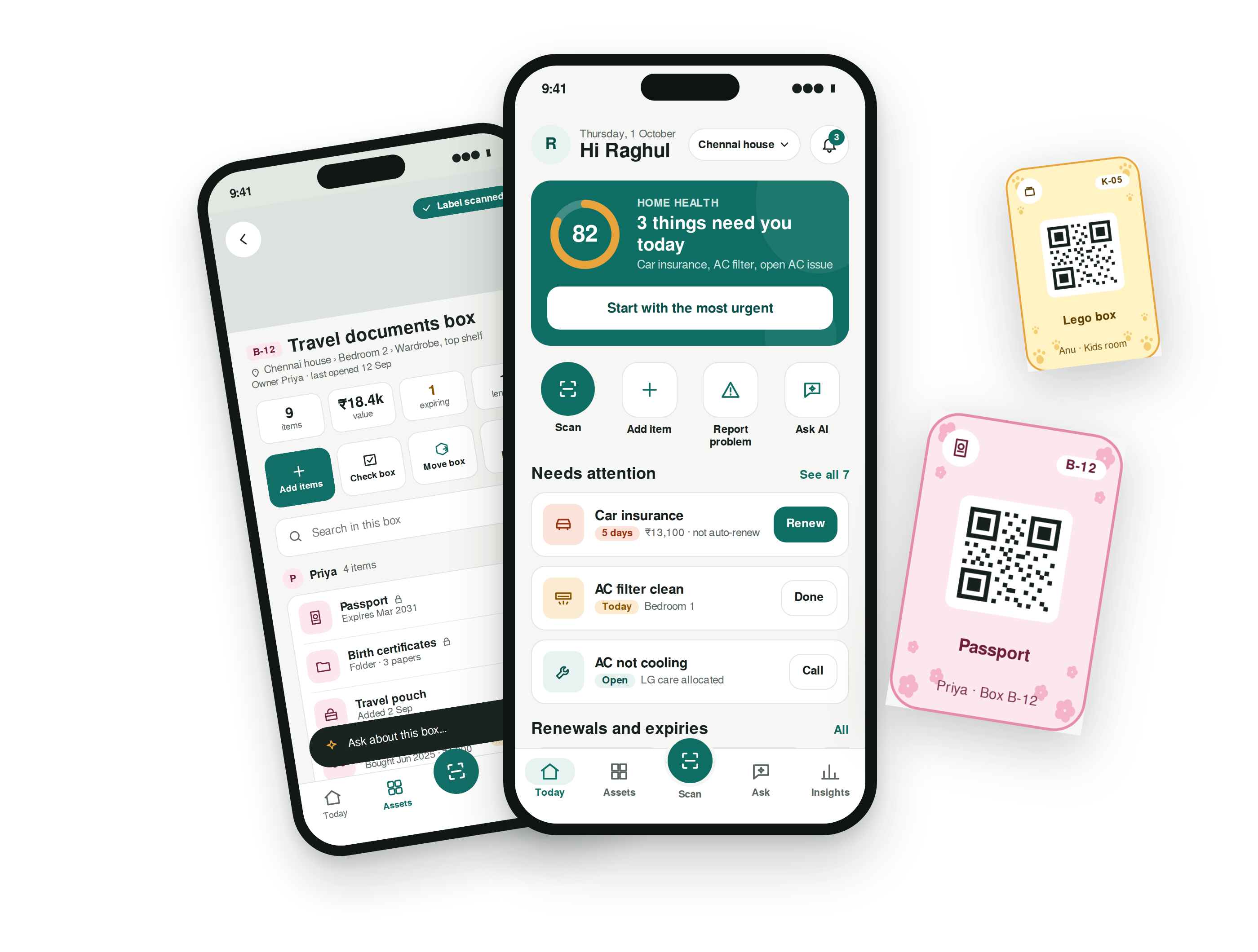 SUKAI home dashboard, reminders and QR sticker previews