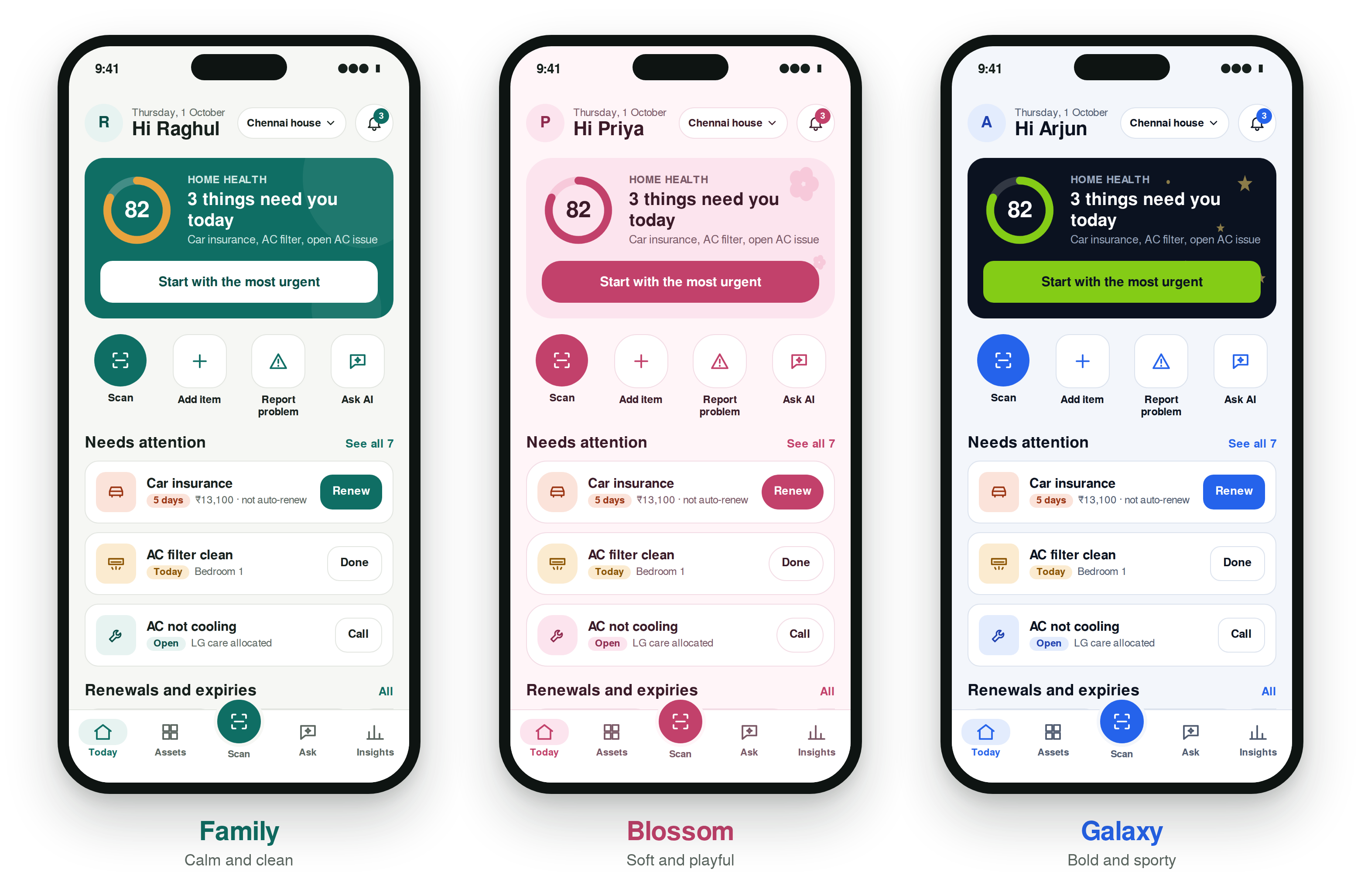 Family, Blossom and Galaxy app themes, shown side by side