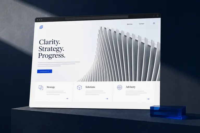 Consulting website concept with a navy and white service-led layout and architectural photography.