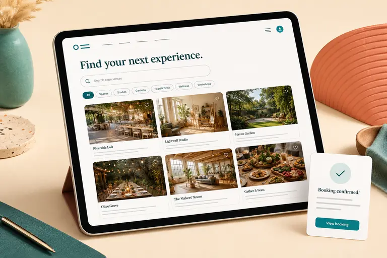 Marketplace concept on a tablet with provider photography, category search and a booking card.