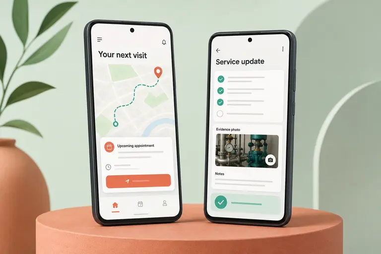 Mobile service concept showing appointment planning and field-task updates on two Android-style phones.