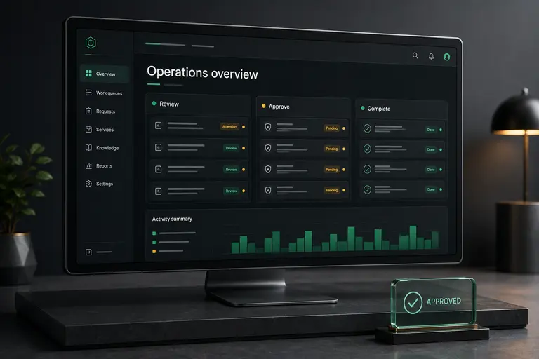 Operations portal concept with emerald task queues for review, approval and completion.