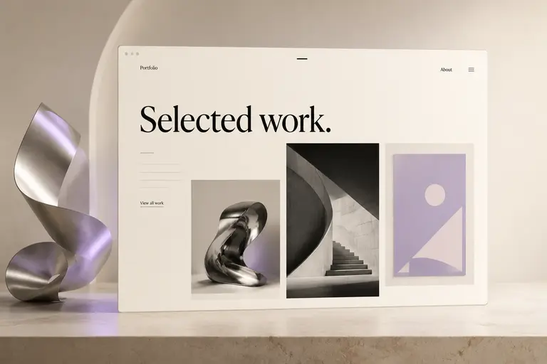 Editorial portfolio concept with an ivory canvas, selected creative work and sculptural silver accents.