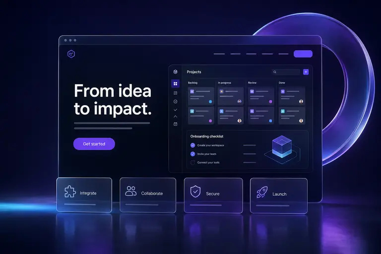 SaaS landing page concept with a violet product interface, project board and onboarding checklist.