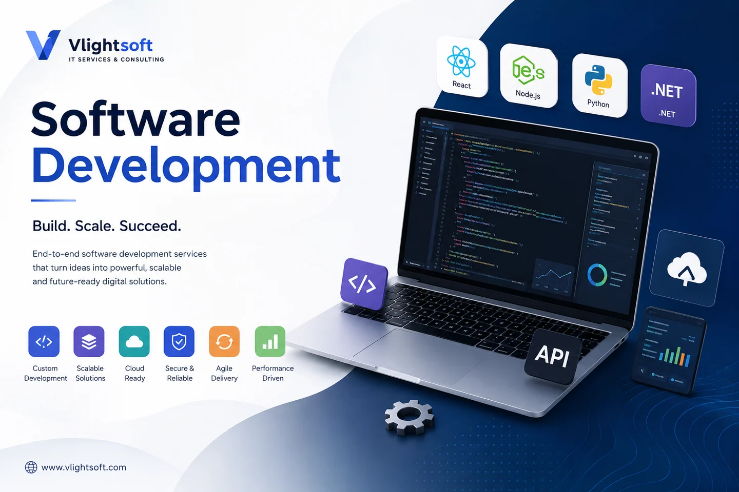 Vlightsoft capability presentation: Software Development Technology Overview. Illustrative interfaces, not a client case study.