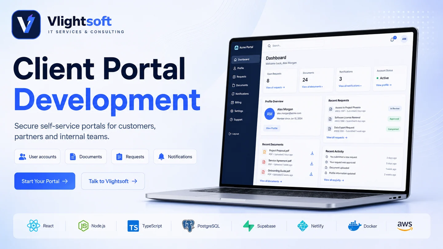 Vlightsoft capability presentation: Client Portal Development. Illustrative interfaces, not a client case study.