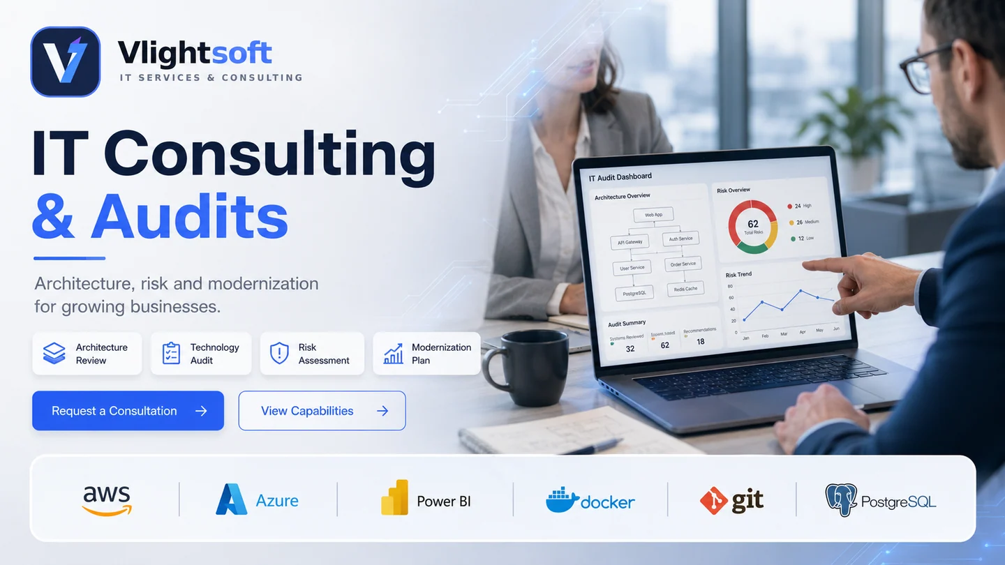 Vlightsoft capability presentation: IT Consulting And Audit Dashboard. Illustrative interfaces, not a client case study.