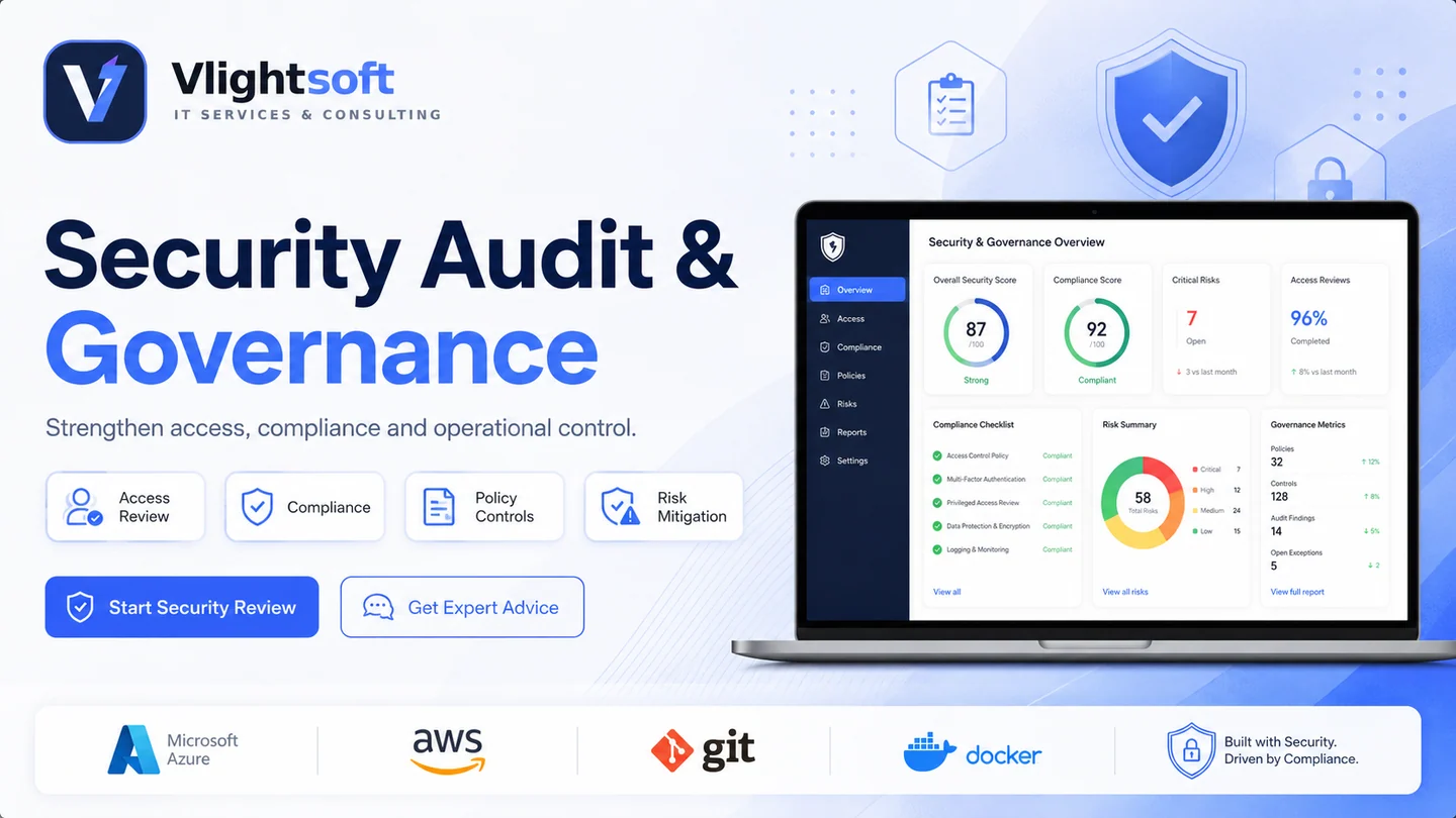 Vlightsoft capability presentation: Security Audit And Governance. Illustrative interfaces, not a client case study.