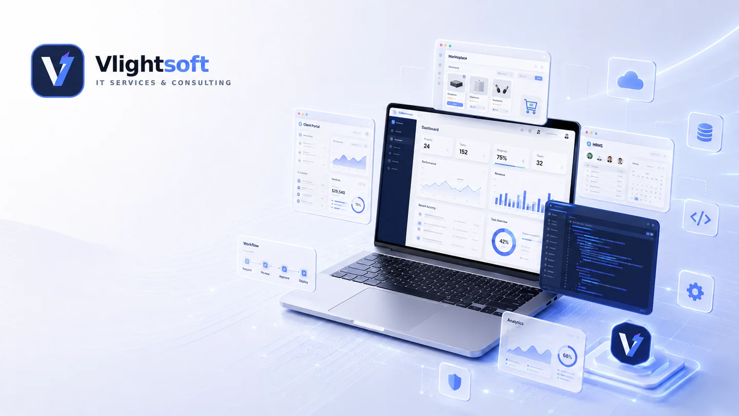 Vlightsoft capability presentation: SaaS Dashboard Illustration. Illustrative interfaces, not a client case study.