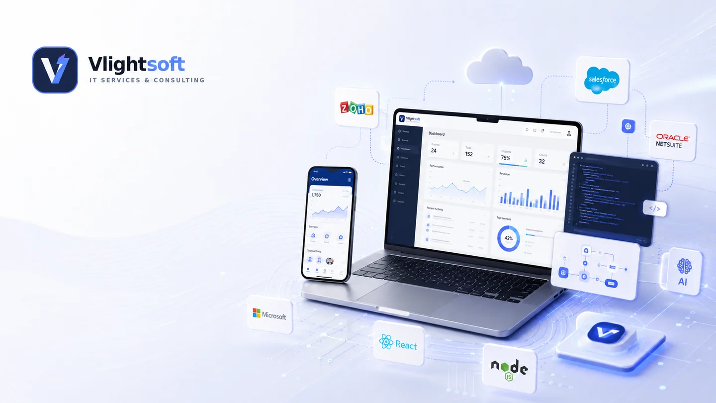 Vlightsoft capability presentation: IT Services Dashboard Scene. Illustrative interfaces, not a client case study.