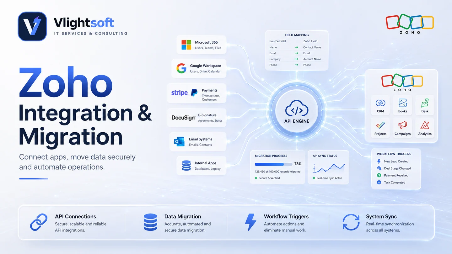 Vlightsoft capability presentation: Zoho Integration Hub. Illustrative interfaces, not a client case study.