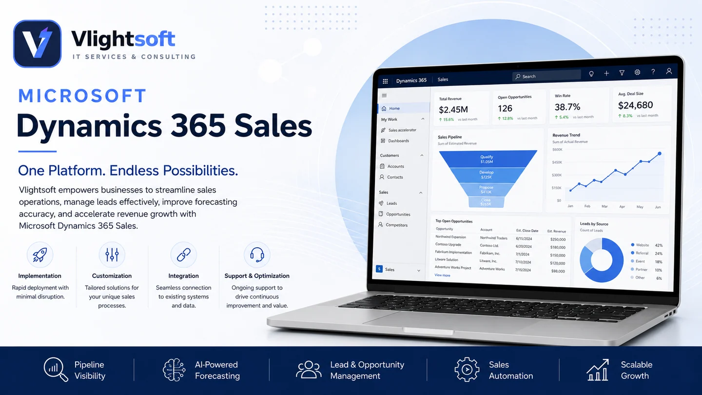 Vlightsoft capability presentation: Microsoft Dynamics 365 Sales. Illustrative interfaces, not a client case study.