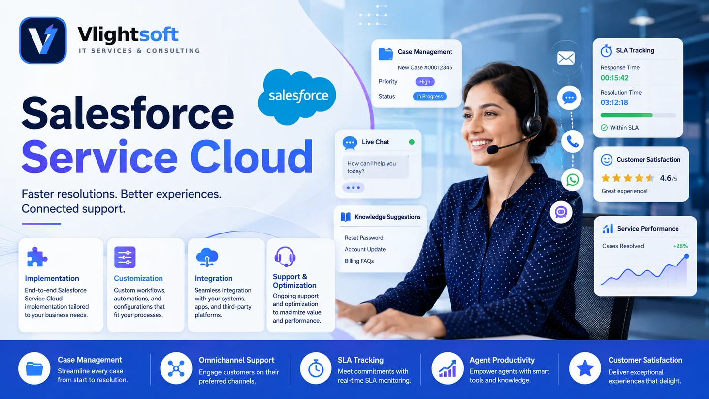 Vlightsoft capability presentation: Salesforce Service Cloud Support Solutions. Illustrative interfaces, not a client case study.