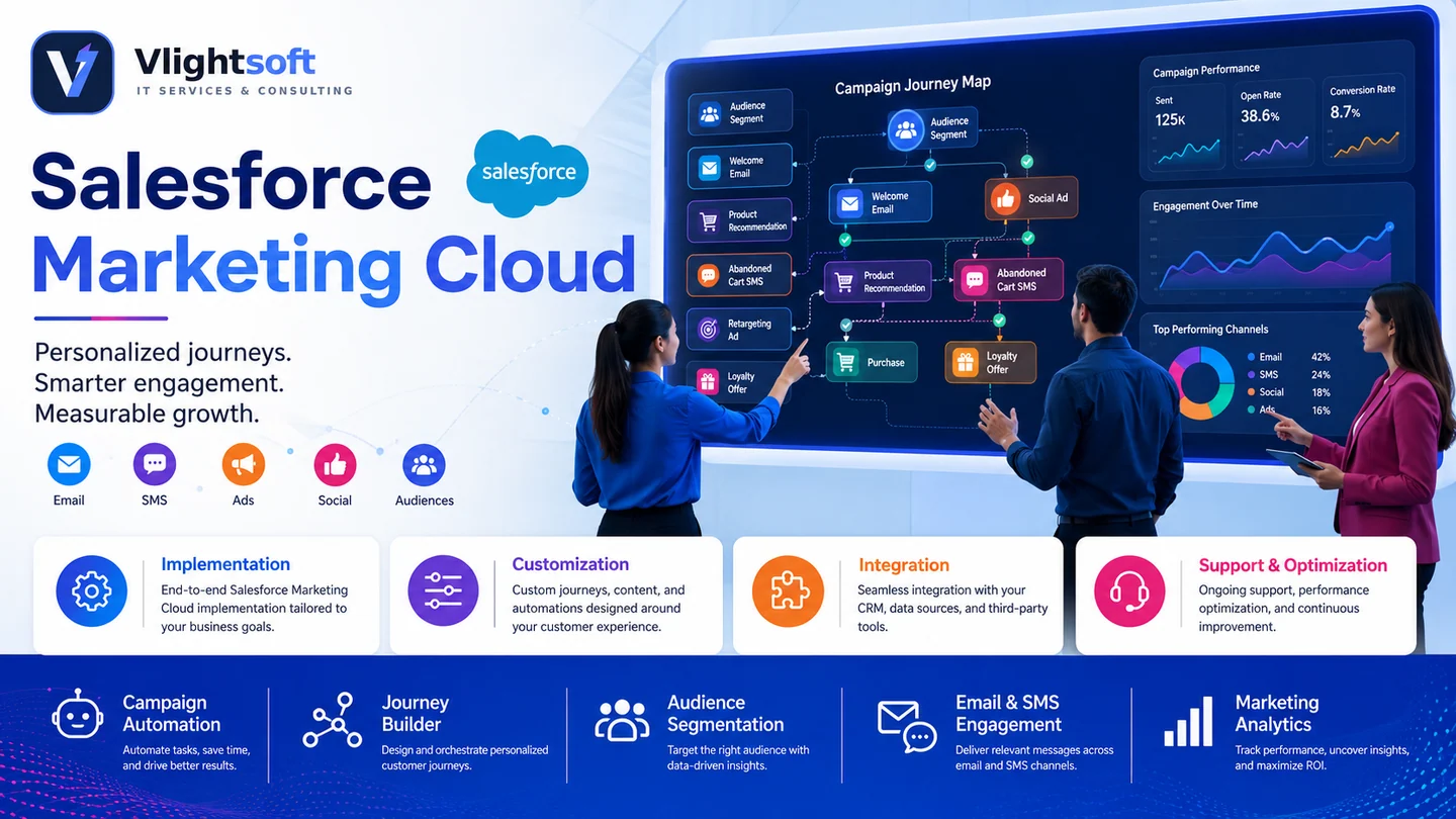 Vlightsoft capability presentation: Salesforce Marketing Cloud Journey Builder. Illustrative interfaces, not a client case study.