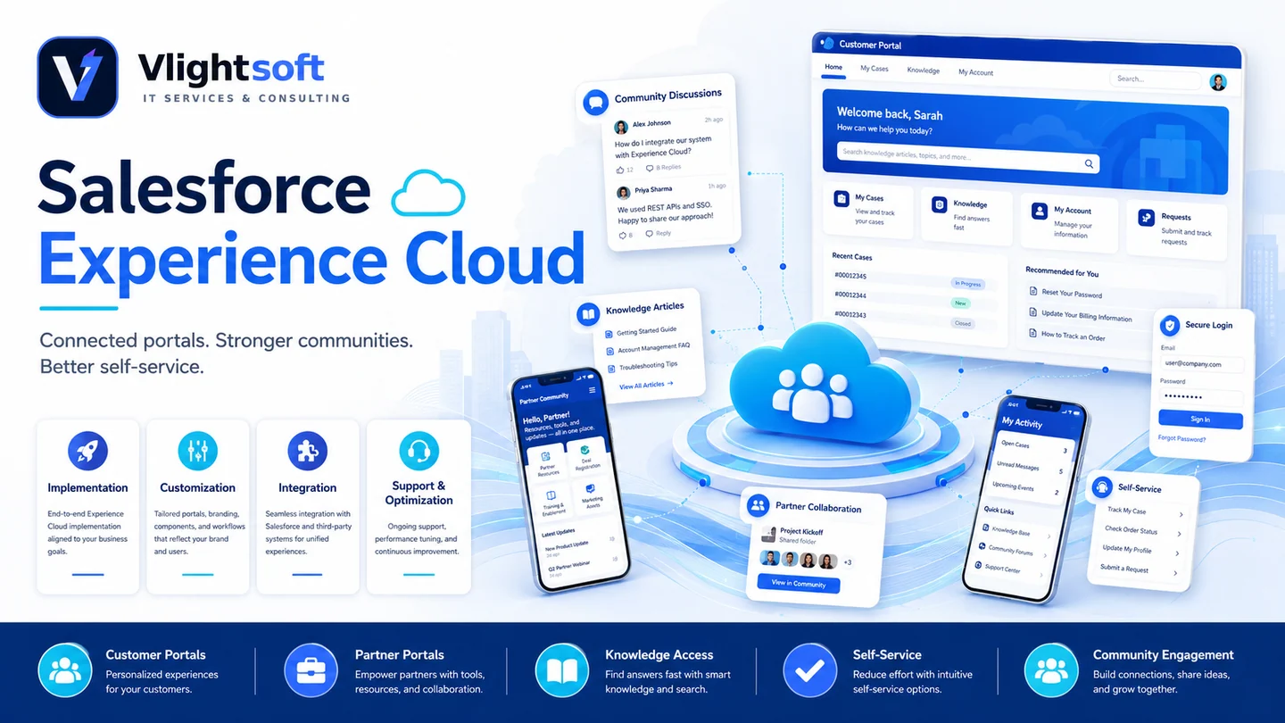 Vlightsoft capability presentation: Salesforce Experience Cloud Network. Illustrative interfaces, not a client case study.