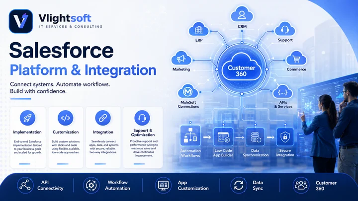 Vlightsoft capability presentation: Salesforce Integration Customer 360. Illustrative interfaces, not a client case study.