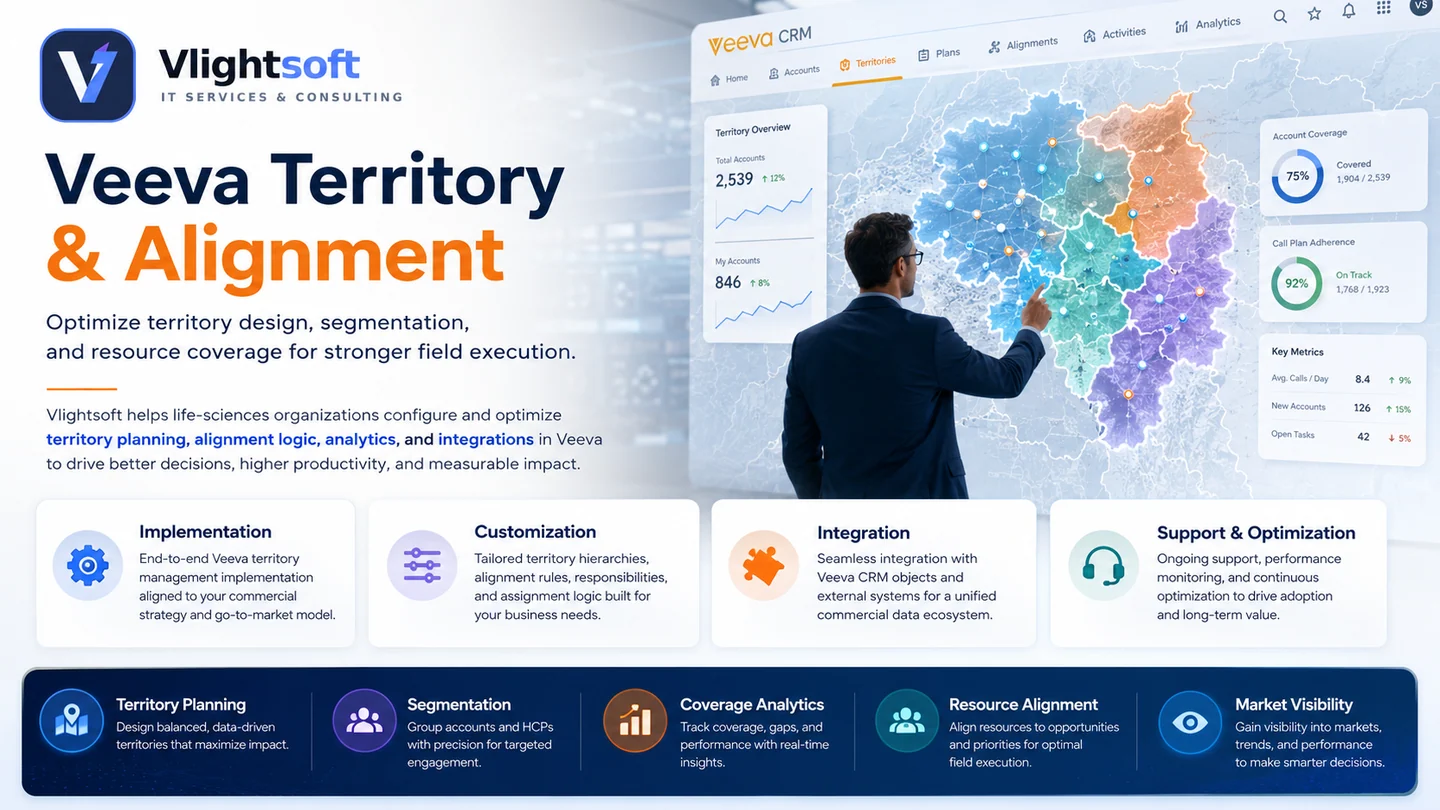 Vlightsoft capability presentation: Veeva Territory Alignment Dashboard. Illustrative interfaces, not a client case study.