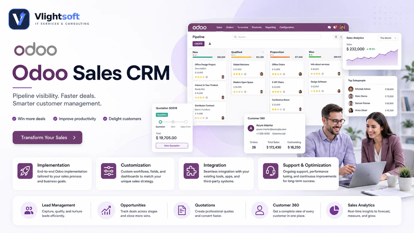 Vlightsoft capability presentation: Odoo Sales CRM Marketing Hero. Illustrative interfaces, not a client case study.