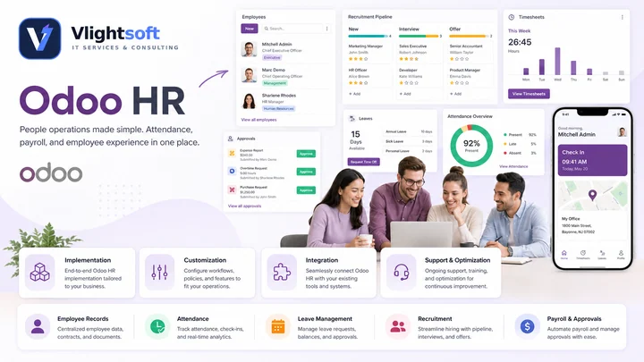 Vlightsoft capability presentation: Odoo Hr People Operations Made Simple. Illustrative interfaces, not a client case study.
